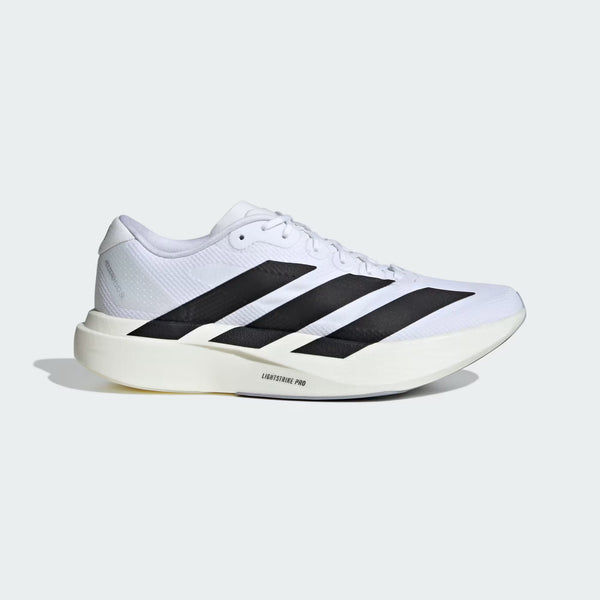 A white adidas running shoe for men with 3 black brand stripes.