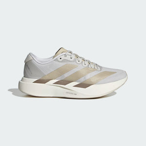 the lateral side of an adidas running shoe that is mostly white adn grey based.