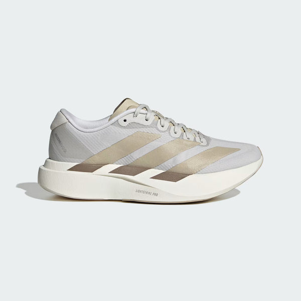 the lateral side of an adidas running shoe that is mostly white adn grey based.