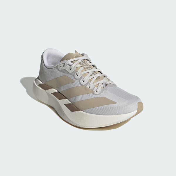 A diagonal look at ama didas running shoe where the 3 stripes go into the midsole.