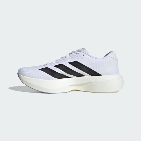 The medial side of an adidas running shoe that is mostly all white.