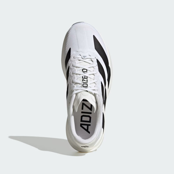 The adidas running shoe appears to be sitting upright on the heel.