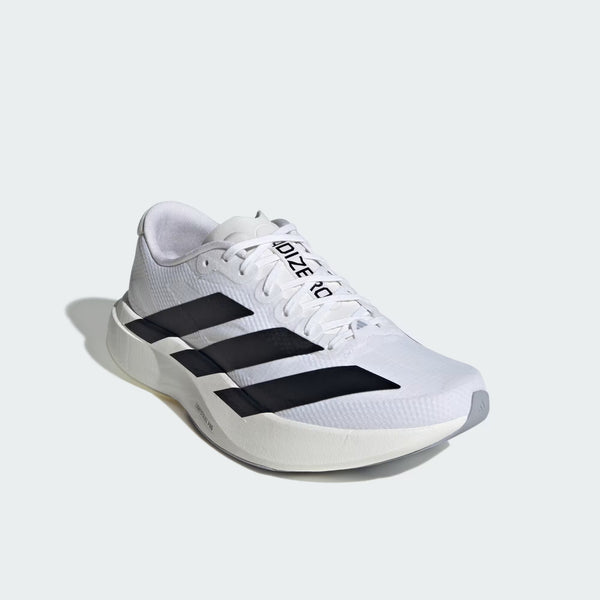 A adidas running shoe that has the words adizero on top of the tongue and under the laces.