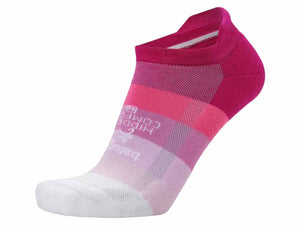 Pink and white sock with brand logo on a white background