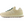 A New Balance sneaker in cream suede and leather with dark green laces, shown from on a white background.