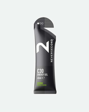 A single Neversecond C30 Energy Gel stick pack in citrus flavor, shown vertically against a solid light gray background.