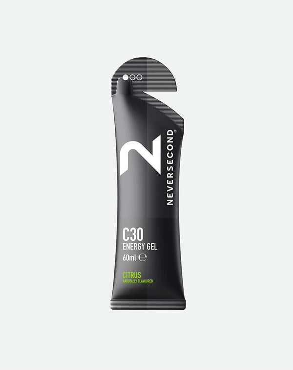 A single Neversecond C30 Energy Gel stick pack in citrus flavor, shown vertically against a solid light gray background.