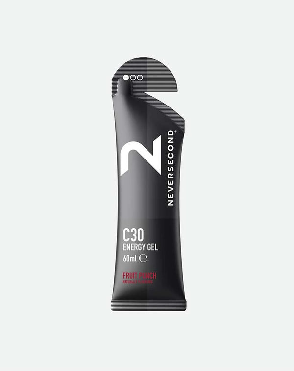 A single Neversecond C30 Energy Gel stick pack in Fruit Punch flavor, shown vertically against a light gray background.