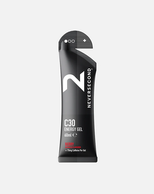 A single Neversecond C30 Energy Gel sachet in black packaging with white and red text, shown on a light gray background.