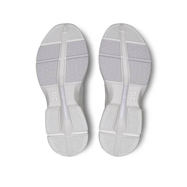 White shoe soles with brand logo on a white background