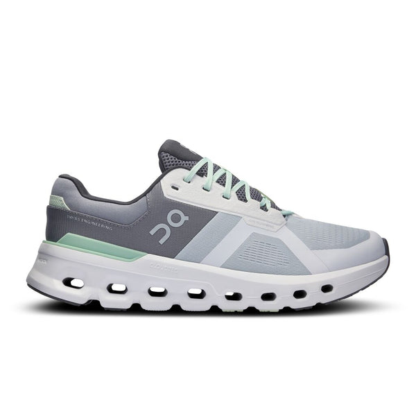 White and gray On Cloudrunenr 2 shoe with brand logo on a white background.