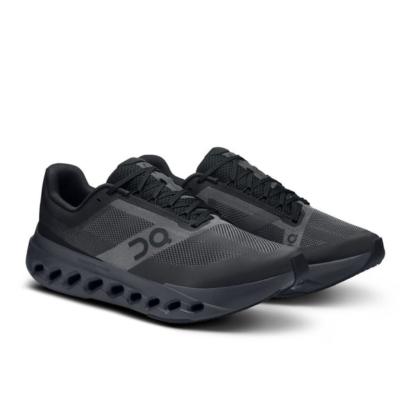 The On Cloudsurfer Next has black shoe laces and an all black upper.