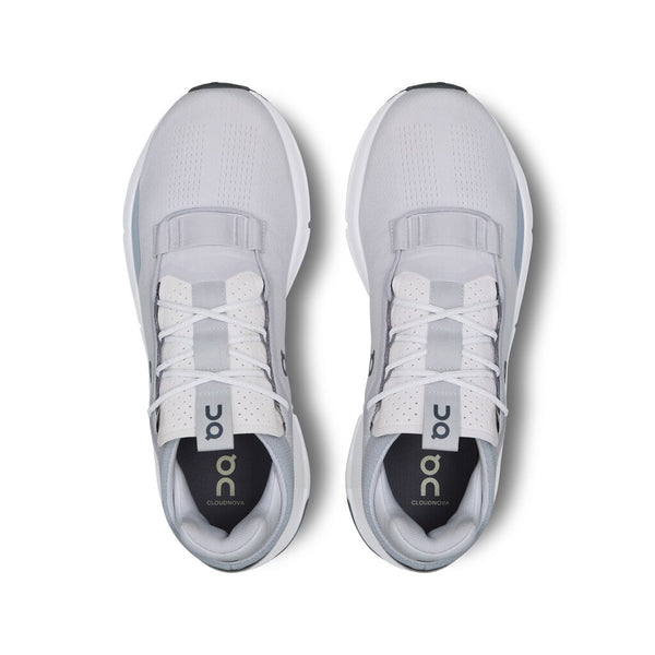 A pair of On Cloudnova 2 lifestyle sheos with a mostly very light grey upper.