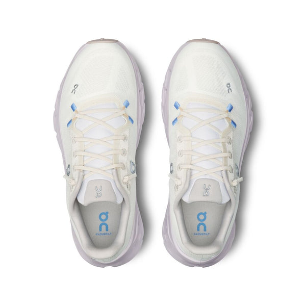 White running shoes with blue accents on a white background.