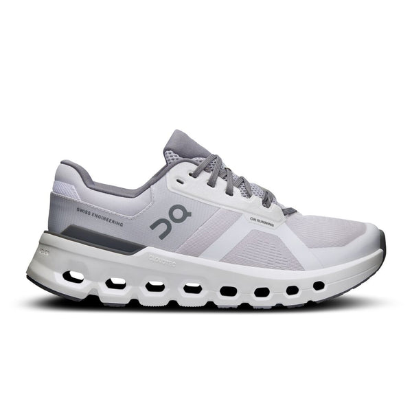 The lateral side of the On Cloudrunner 6 has greay shoe laces and grey highlights.