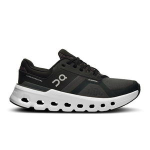 Black women's On running shoe with white sole on a white background.