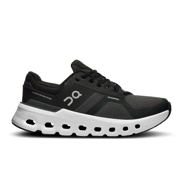 Black women's On running shoe with white sole on a white background.