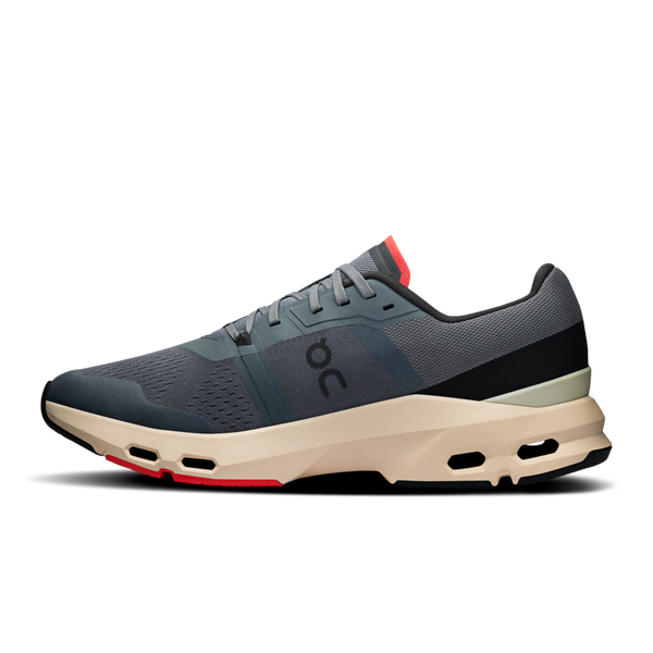 The medial side of this On shoes has a mostly solid midsole.