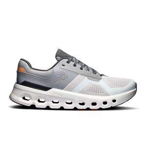 A pair of men's athletic shoes with a white upper, gray accents, and orange detailing.