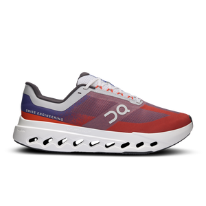 Red and gray running shoe with 'Swiss Engineering' text on a white background.