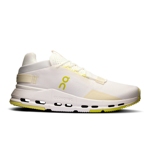 A pair of white Cloudnova 2 sneakers with yellow accents and visible cushioning.