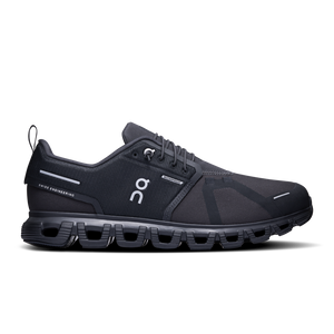 A pair of men's waterproof running shoes with a black upper and a white logo