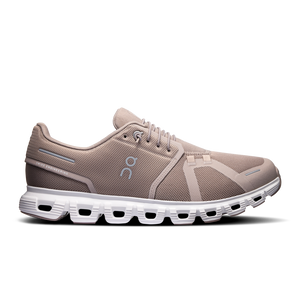 A pair of men's running shoes with a gray upper and white sole.
