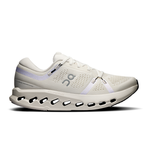 A pair of white On Cloudsurfer 2 running shoes with blue accents and distinctive sole design.