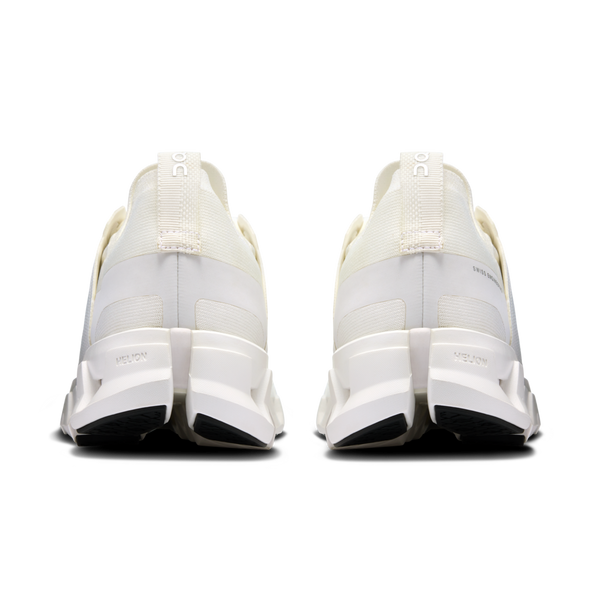 The heel area of this athletic shoe is all white, except the outsole that is black.