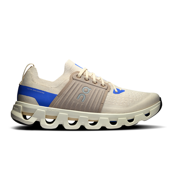 A pair of men's running shoes with white uppers and blue and gray accents.