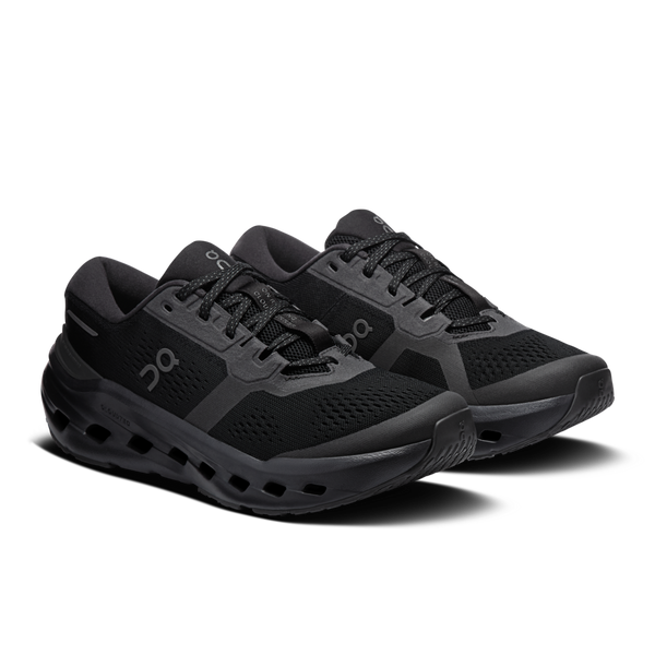 Pair of black running shoes on a white background