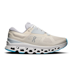 A pair of white and blue athletic shoes with a unique sole design.