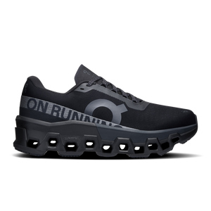 A pair of black On running shoes with the brand's logo visible on the side.