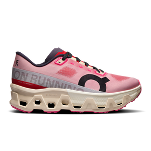Pink and red running shoe with a unique sole design on a white background.