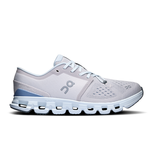 These women's training shoes are mostly all white and grey.