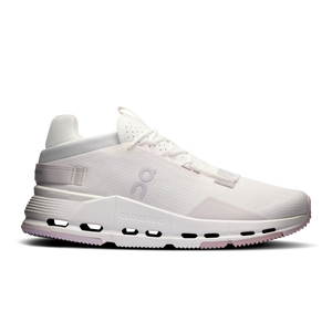 White lifestlye shoe from On with a white midsole on a white background.