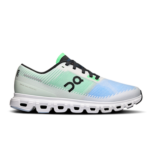 A pair of athletic shoes with a white base color, featuring green and blue patterns and the brand's logo on the side.