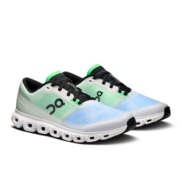 A pair of On lifestyle shoes with colored stripes knitted into the upper.