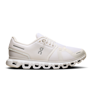 A pair of white On Cloud 6 running shoes for women, with the On logo visible on the side.