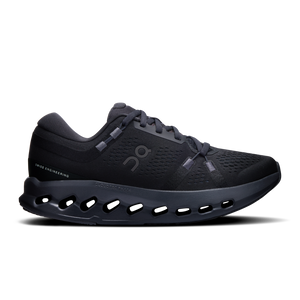 A pair of black On Cloudsurfer 2 running shoes for women, with visible cushioning technology.