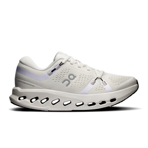 A pair of white women's athletic shoes with a unique design, possibly for running, featuring a light color scheme with black details and a distinctive sole.