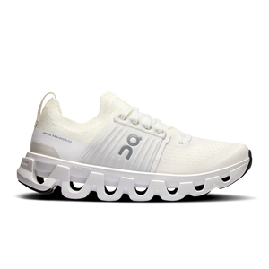 A pair of white On Cloudswift 4 running shoes with a wave-like pattern on the sole and the brand's logo visible.
