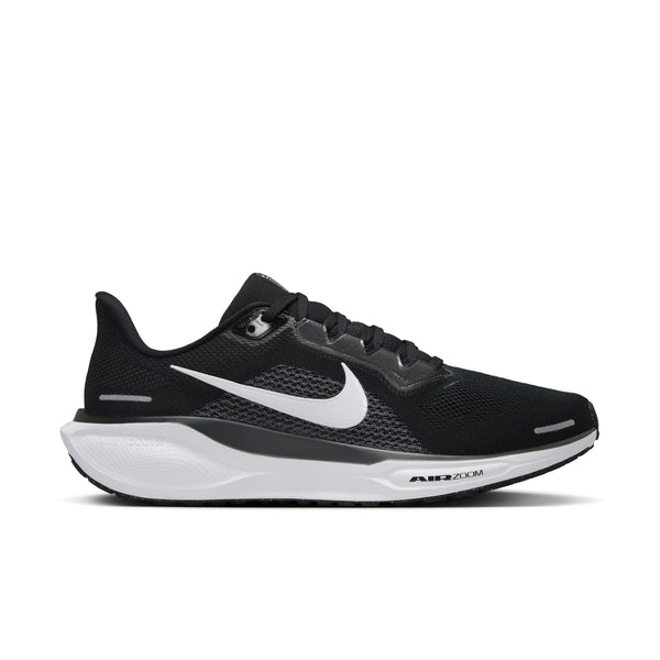 This men's running shoe has an almost all black upper with a little bit of white mixed in.