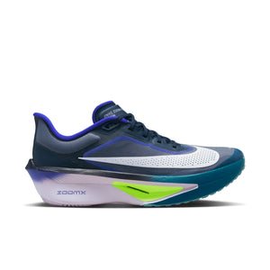 Blue and white Nike running shoe with green sole on a white background.