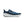 Blue running shoe with white sole on a white background