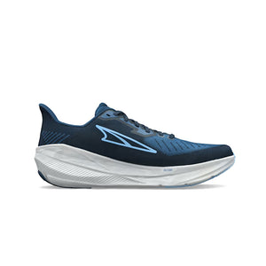 Blue running shoe with white sole on a white background