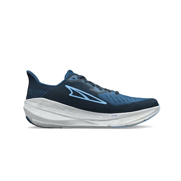 Blue running shoe with white sole on a white background
