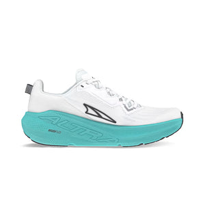 White running shoe with teal sole on a white background