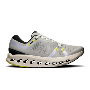 A pair of On running shoes with a gray upper and yellow accents, including the brand logo on the side.