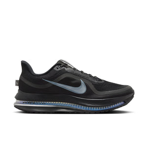 Black men's Nike running shoe with a blue swoosh logo on a white background